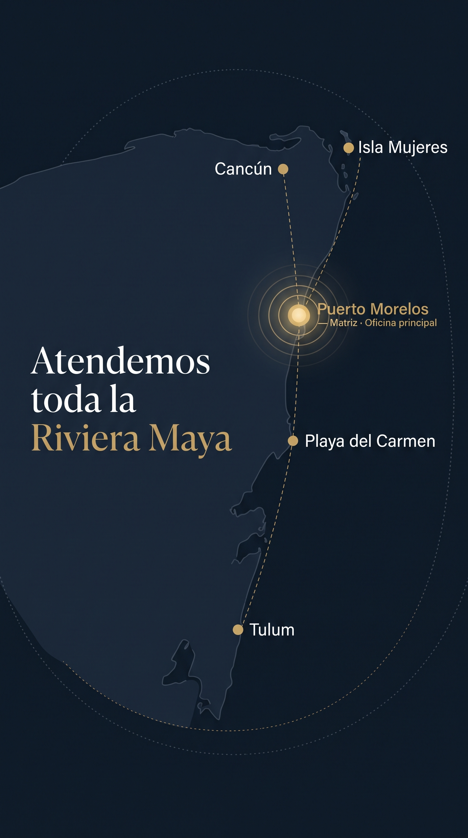 Mapa de cobertura Gestoría PM — Riviera Maya, Cancún, Playa del Carmen, Tulum